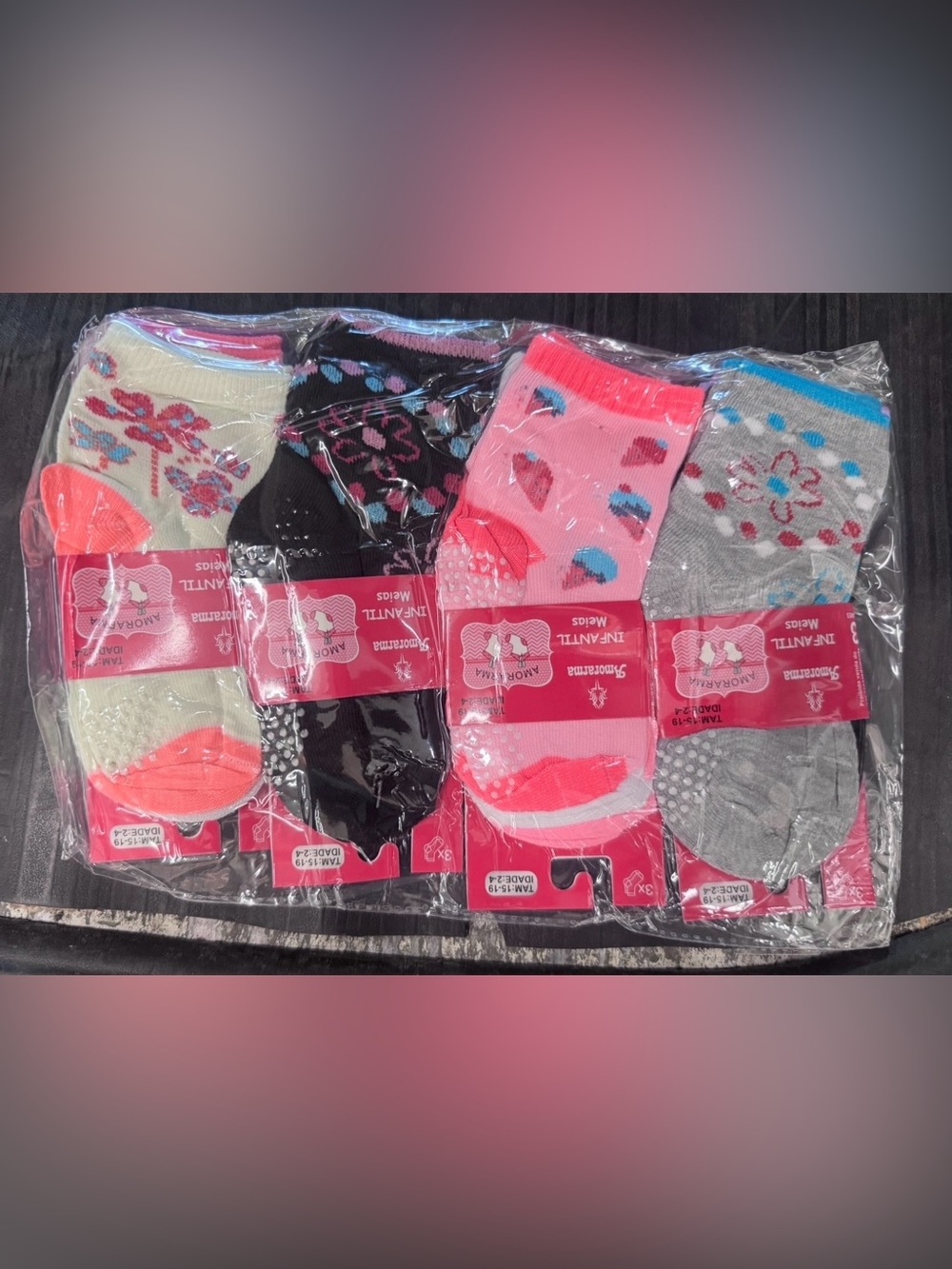 Infant/ Toddler Non-Slip Socks - Pink & Black Patterned Set pack of 12